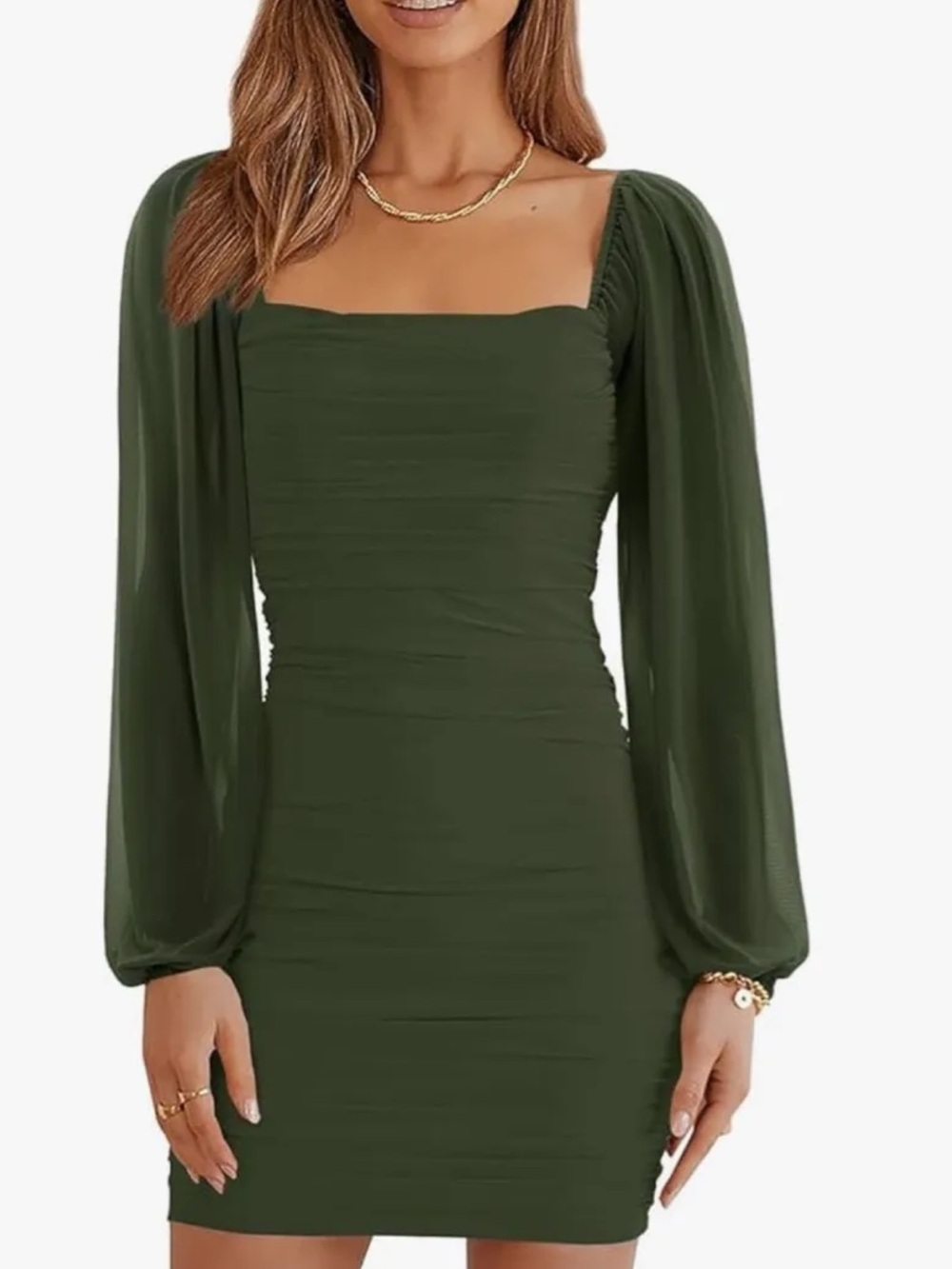 Amazon Olive Green Square-Neck Mini Dress with Sheer Bishop Sleeves